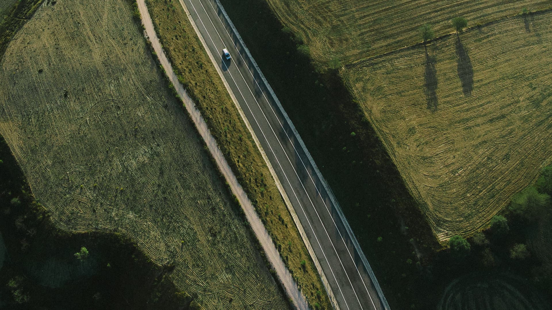 A transporter carrying a vehicle along a motorway at dawn.
