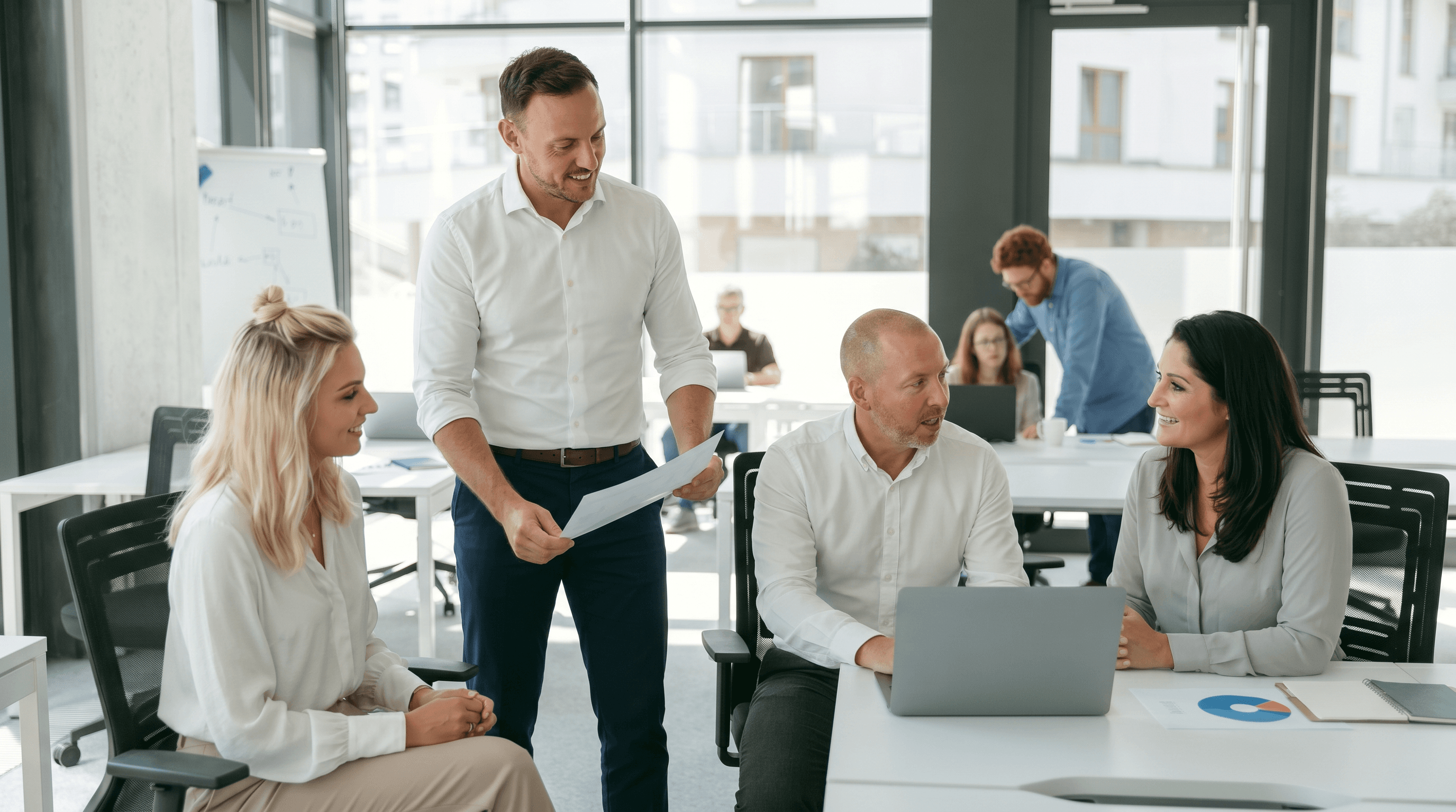 A team meeting around a table in a bright office.